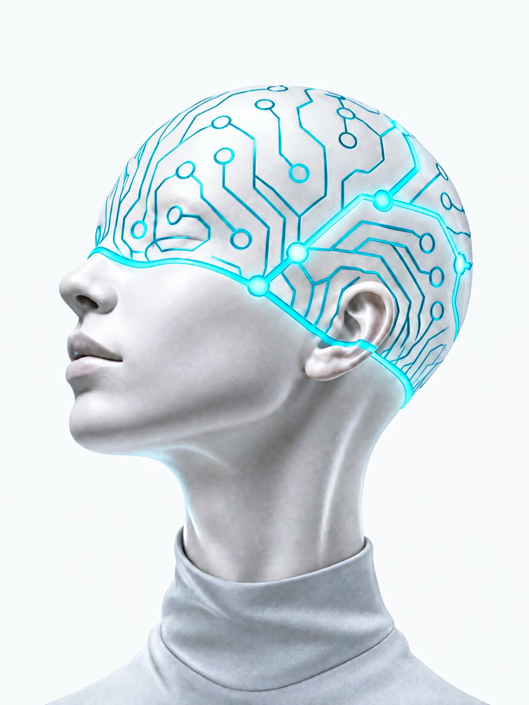 A matte synthetic head with cyan circuitry connected to a school’s systems